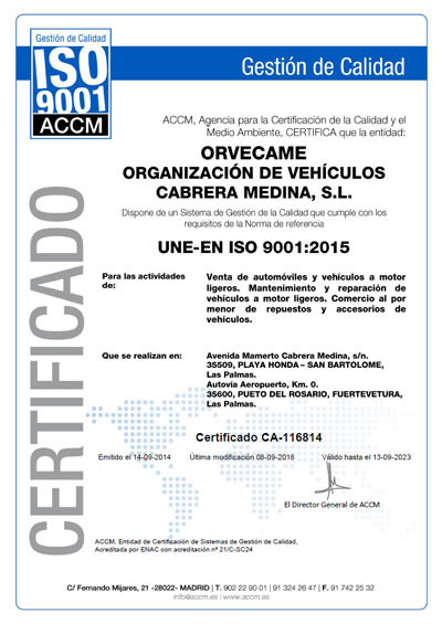 Certificado de calidad ISO 9001 de Orvecame
