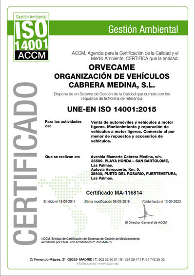 Certificado de calidad ISO 140001 de Orvecame