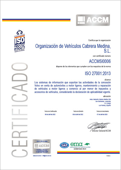 Certificado de calidad ISO 27001 Orvecame - Volvo
