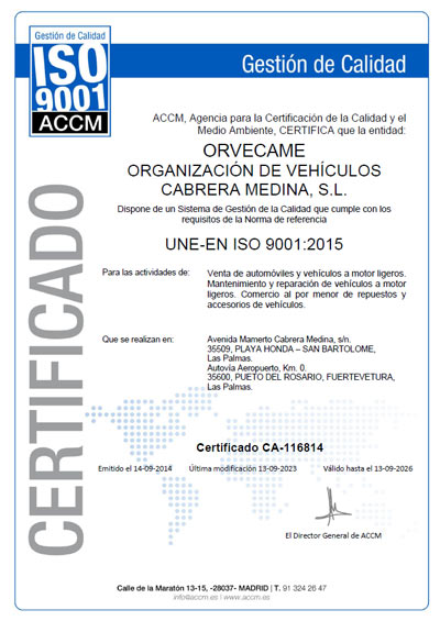 Certificado de calidad ISO 9001 de Orvecame